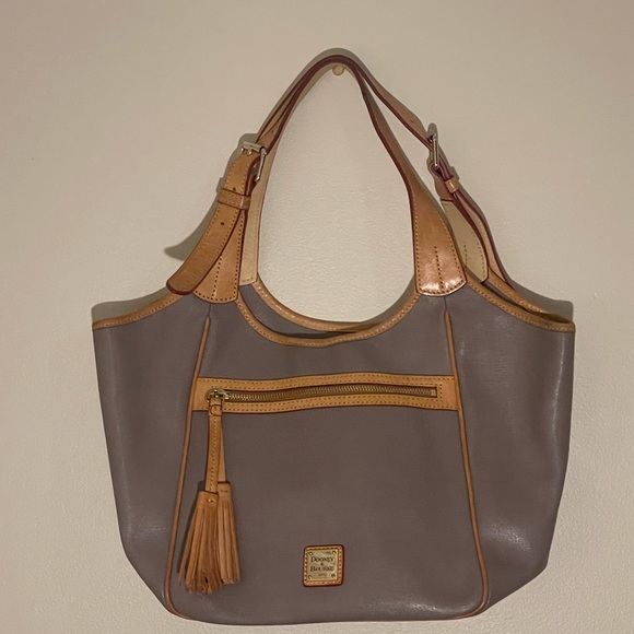 Dooney and Bourke gray & tan leather double strap zipper tassel shoulder bag - Picture 13 of 16
